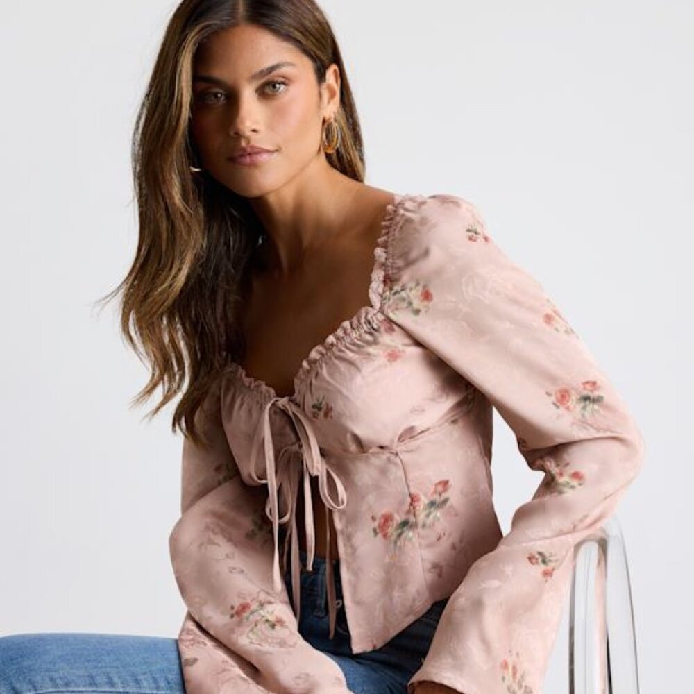 Lulus Bess Blush Pink Floral Satin Jacquard Tie-front Long Sleeve Top - Size S
